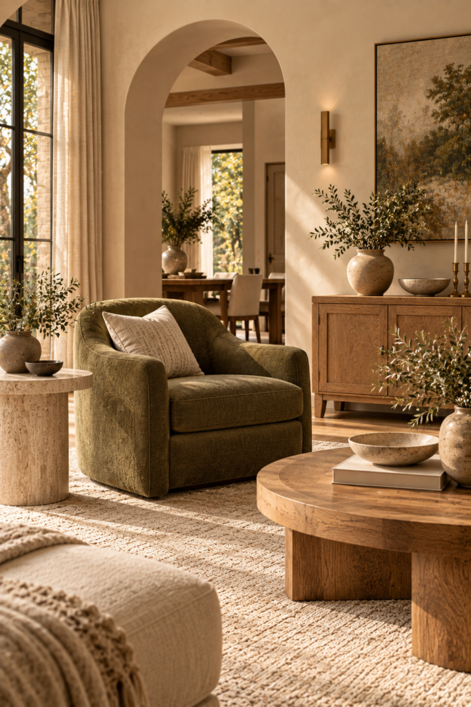 A sunlit living room featuring a green velvet armchair, a wooden coffee table, and an arched doorway leading to a dining area.
