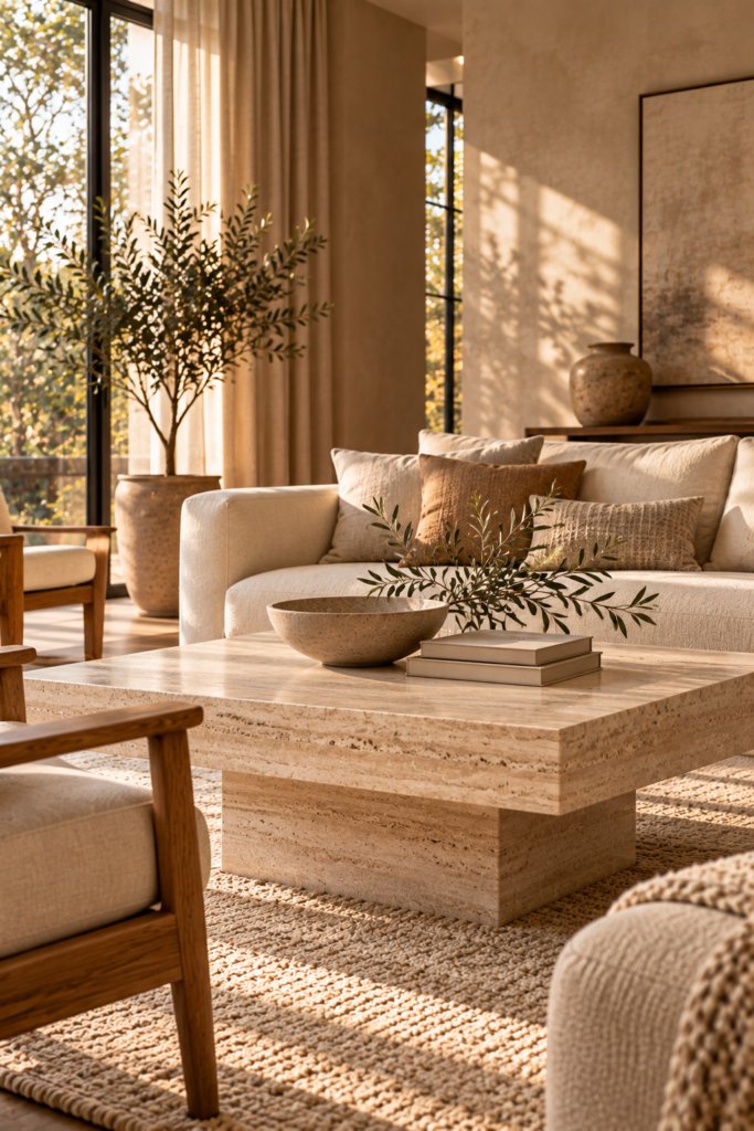 A sunlit living room featuring a large stone coffee table, beige sofa, wooden chairs, and a woven rug.