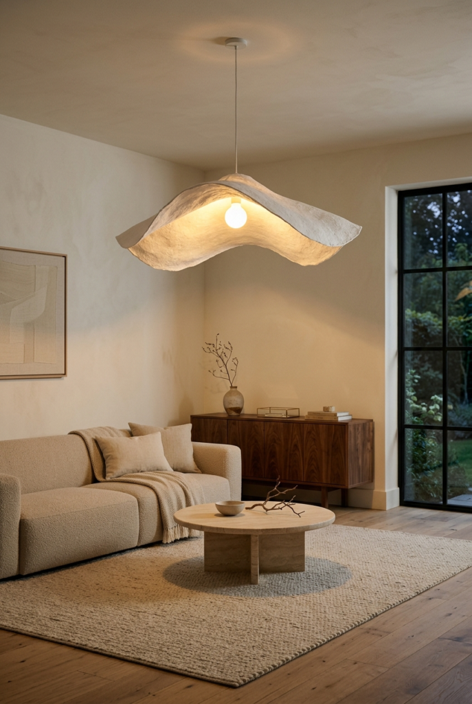 A minimalist living room featuring a beige sofa, a low wooden coffee table, and a sculptural pendant light hanging above a woven rug.