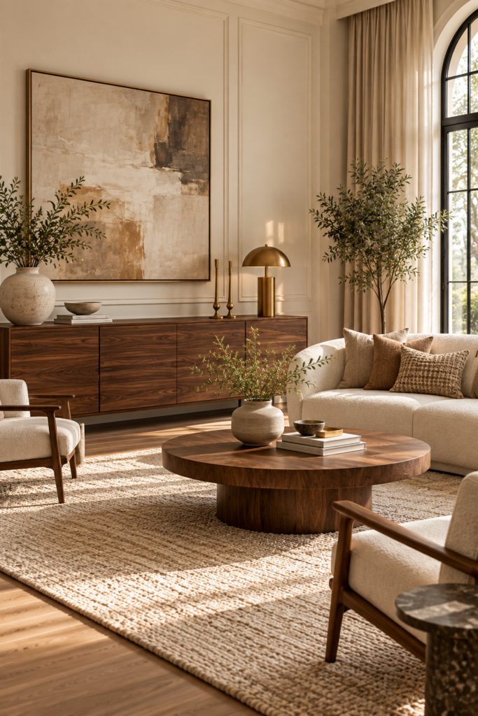 A sunlit living room featuring a cream sofa, dark wood coffee table, and a large abstract painting on the wall.