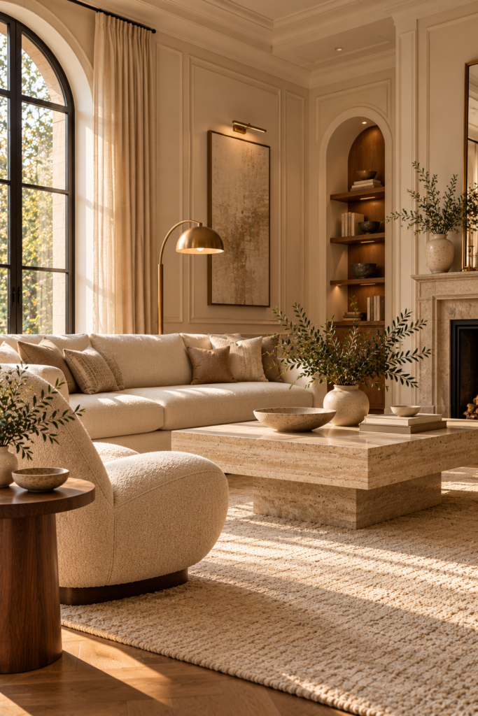 A sunlit living room featuring a cream sofa, a textured stone coffee table, and built-in arched shelving with warm wood accents.