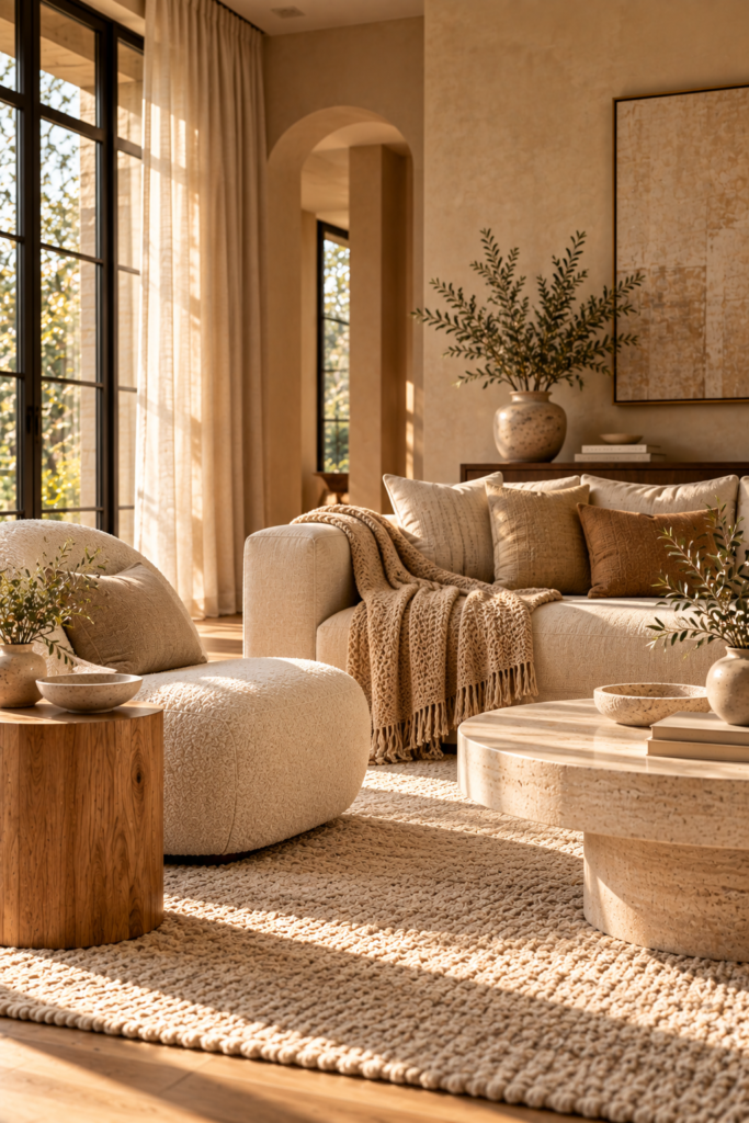 A sunlit living room featuring a cream boucle sofa, a chunky woven rug, and a round stone coffee table.