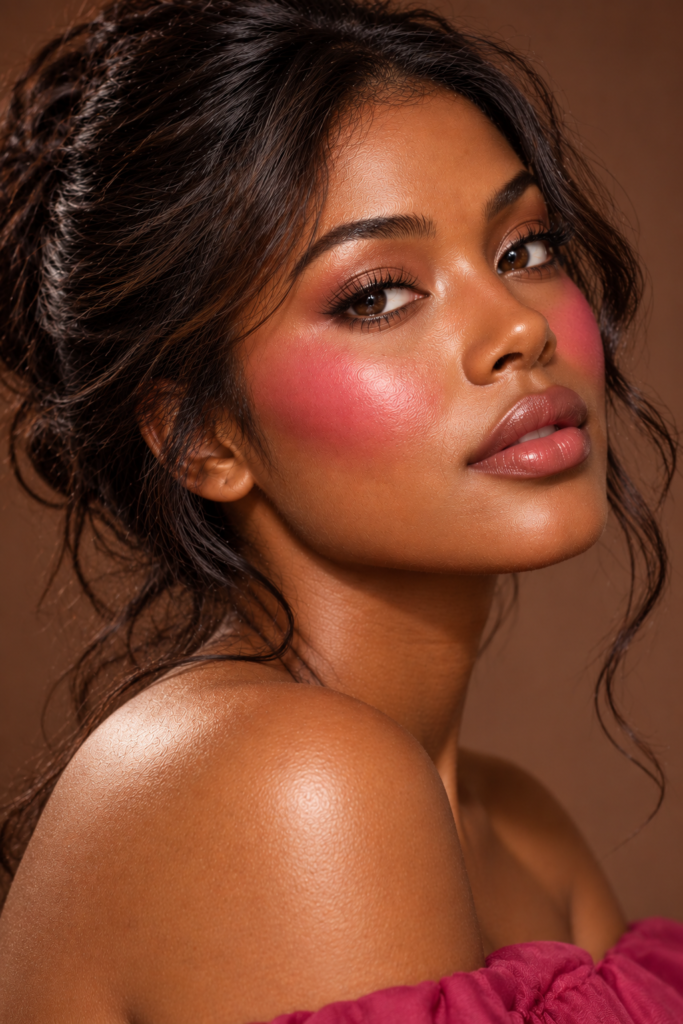 A close-up beauty shot showing a woman with deep skin tone wearing a vibrant pink blush on her cheek, paired with glossy nude lips and dark hair pulled back.