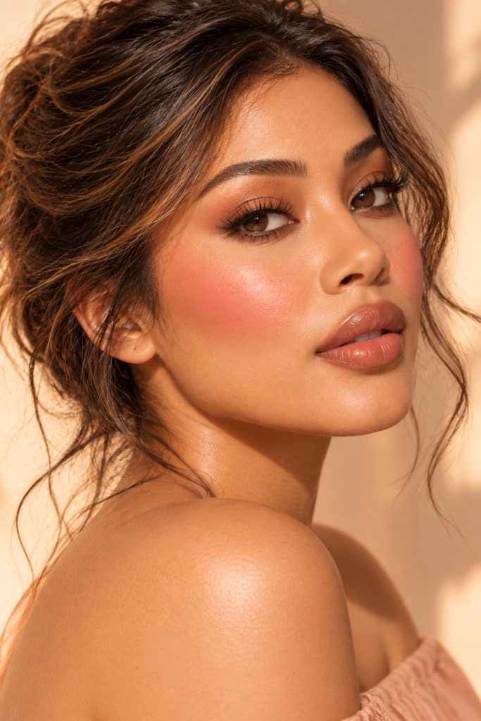 A close-up profile of a woman with warm tan skin, showing a soft pink blush on her cheek, glossy nude lips, and loose brown hair.