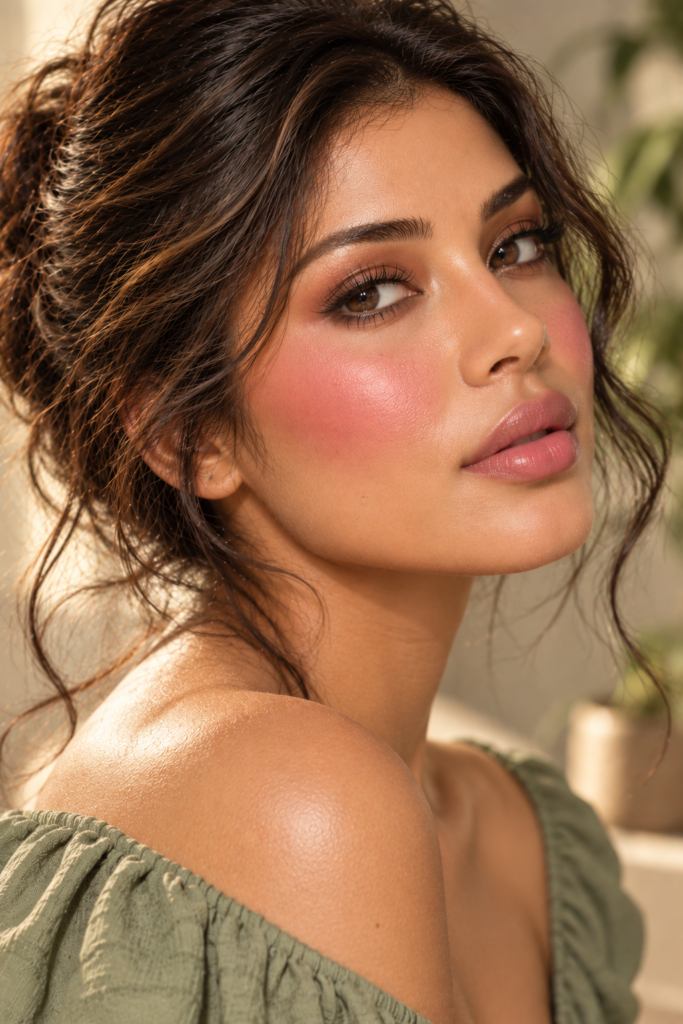 A close-up profile of a woman with dark hair wearing a green off-the-shoulder top, showing a warm pink blush on her cheek and glossy lips.