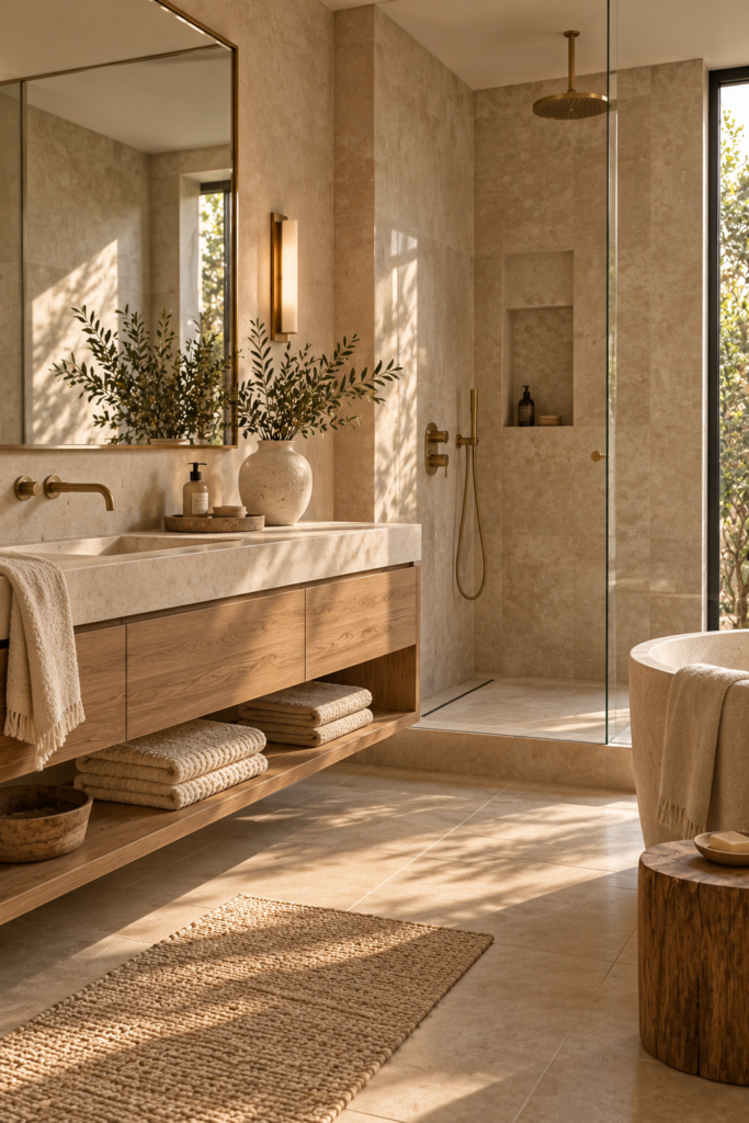 A bathroom interior featuring beige stone walls, a wooden vanity with a stone countertop, and a glass-enclosed shower with brass fixtures.