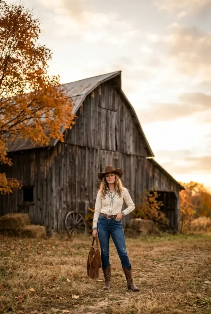A woman wearing a cowboy hat, cream shirt, jeans, and boots stands in a field in front of a weathered wooden barn with autumn trees nearby.