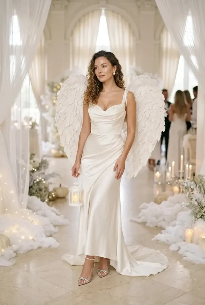 A woman in a white satin gown and large feathered angel wings stands in a room decorated with candles and white fabric.