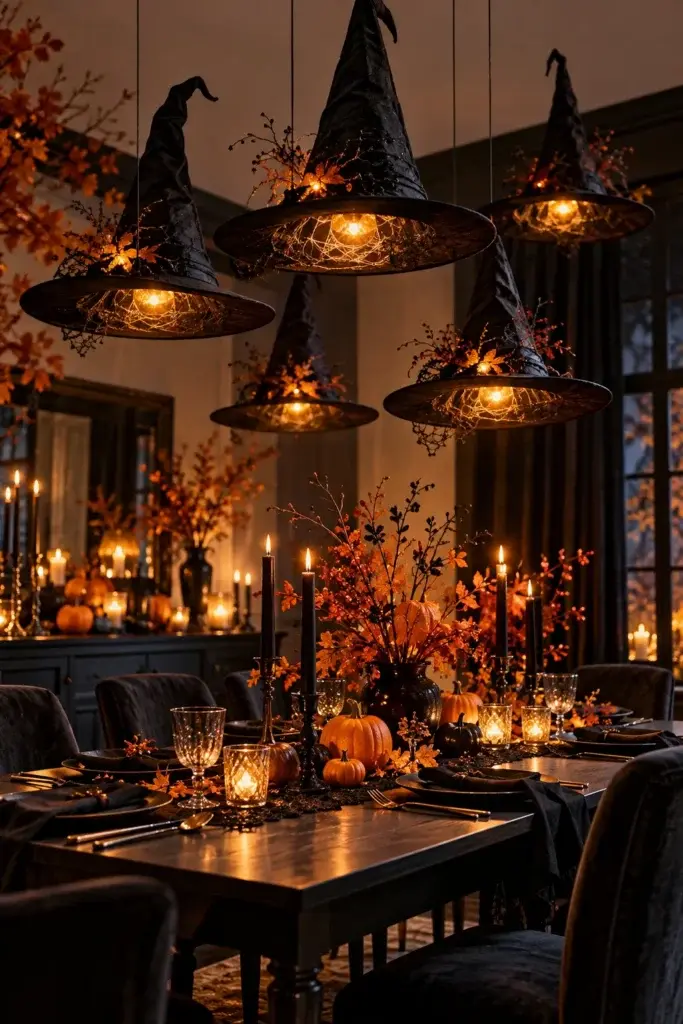 A dining room decorated for Halloween with black witch hat pendant lights, candles, and orange foliage on the table.