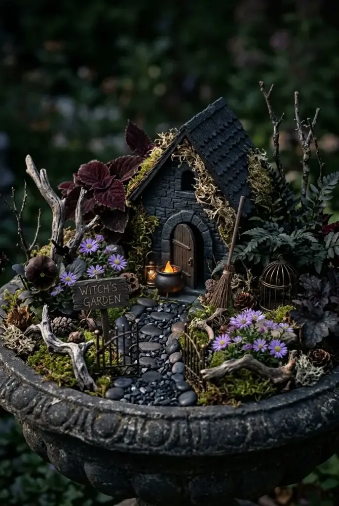 A miniature witch's garden in a stone planter featuring a small cottage, broom, cauldron, purple flowers, and a wooden sign.
