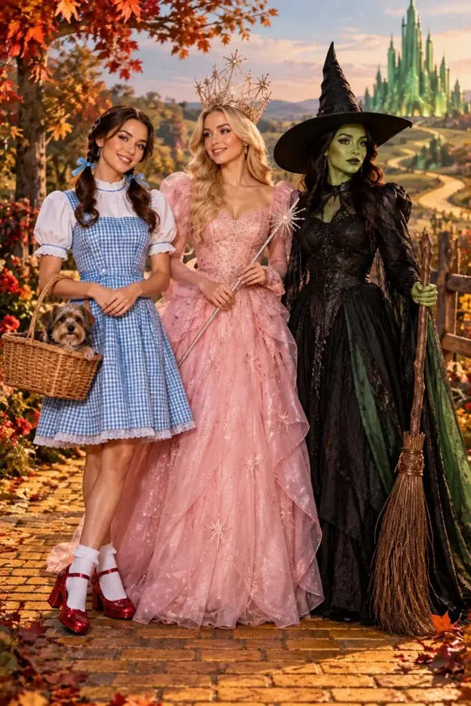 Three women in detailed costumes as Dorothy, a princess, and a witch, standing on a brick path with autumn leaves and a castle in the background.