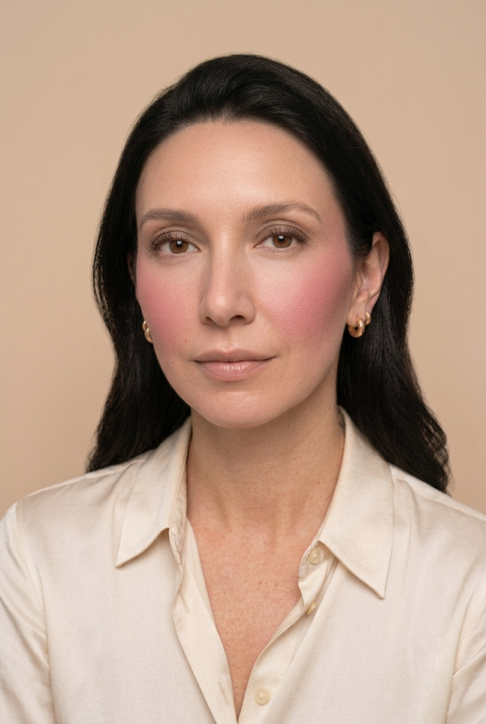 A woman with dark hair and a cream shirt shows a soft pink blush on her cheeks against a neutral beige background.