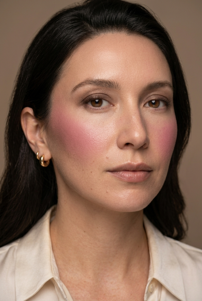 A close-up portrait of a woman with dark hair and gold hoop earrings, showing pink blush applied to her cheeks against a neutral background.