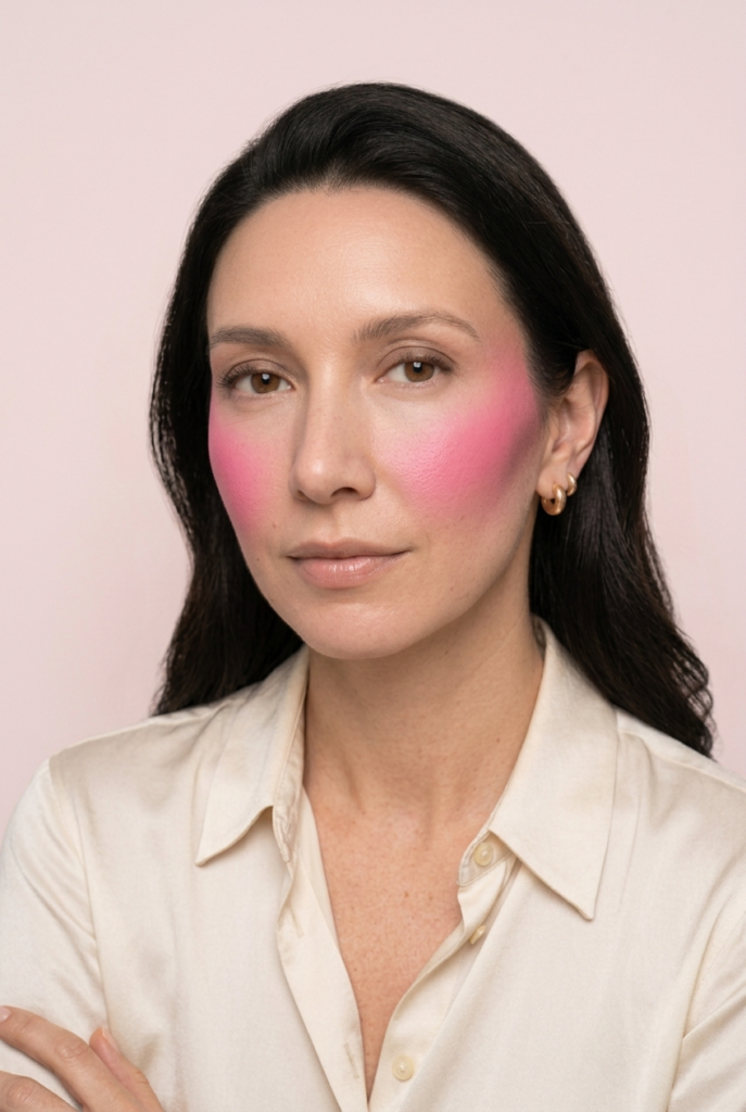 A woman with dark hair and a cream shirt wears a bold pink blush on her cheeks, shown in a full portrait and close-up detail.
