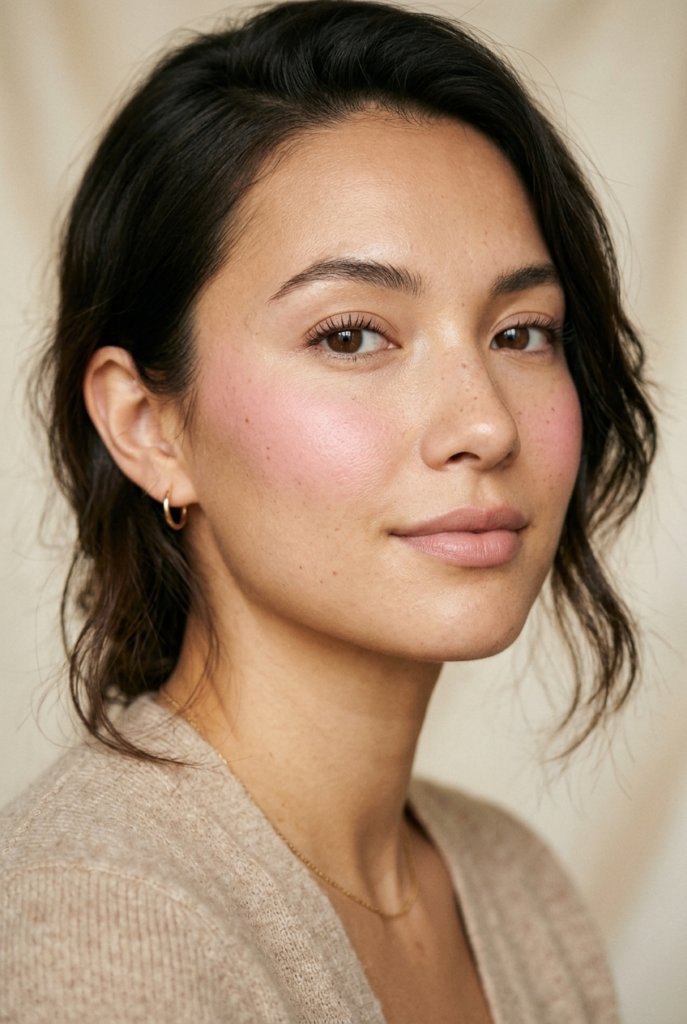 A woman with dark hair and freckles wearing a soft pink blush and a beige knit cardigan.