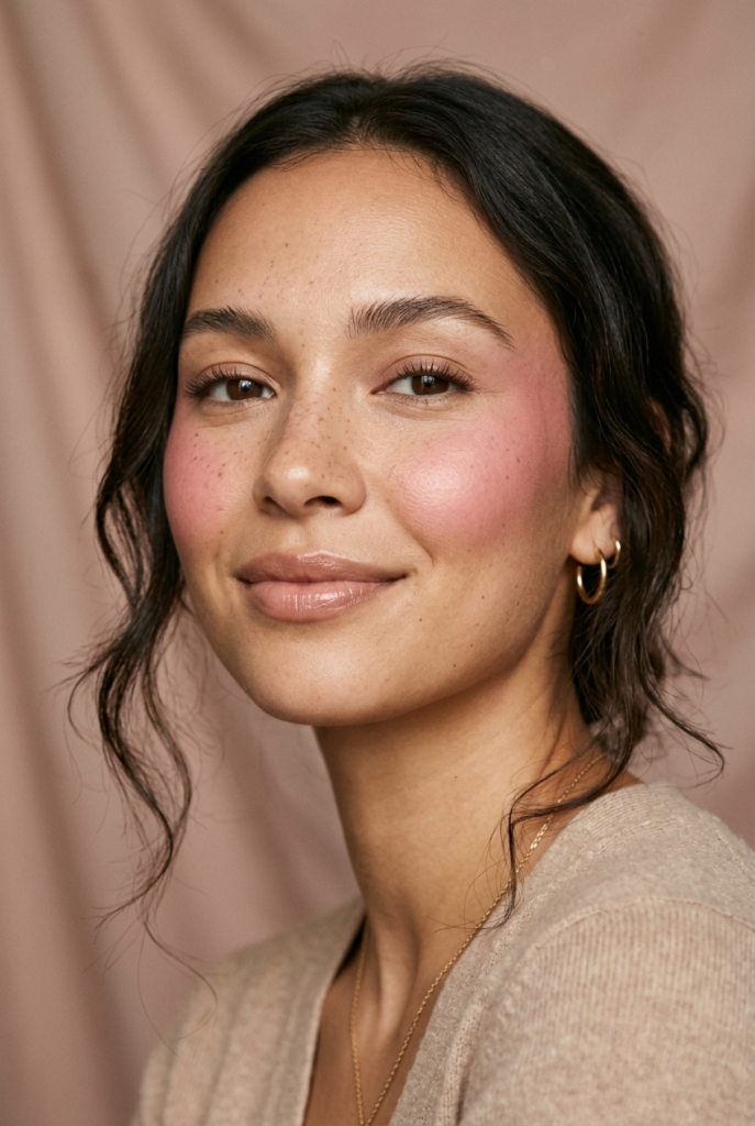 A woman with dark wavy hair and visible freckles wears pink blush on her cheeks, paired with gold hoop earrings and a beige knit top.