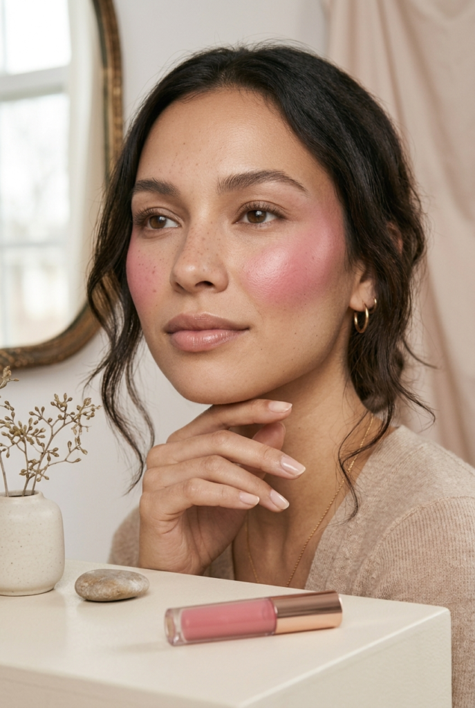 A woman with dark hair and visible pink blush on her cheeks sits at a white table with a tube of pink liquid makeup, a smooth stone, and a small vase of dried flowers.