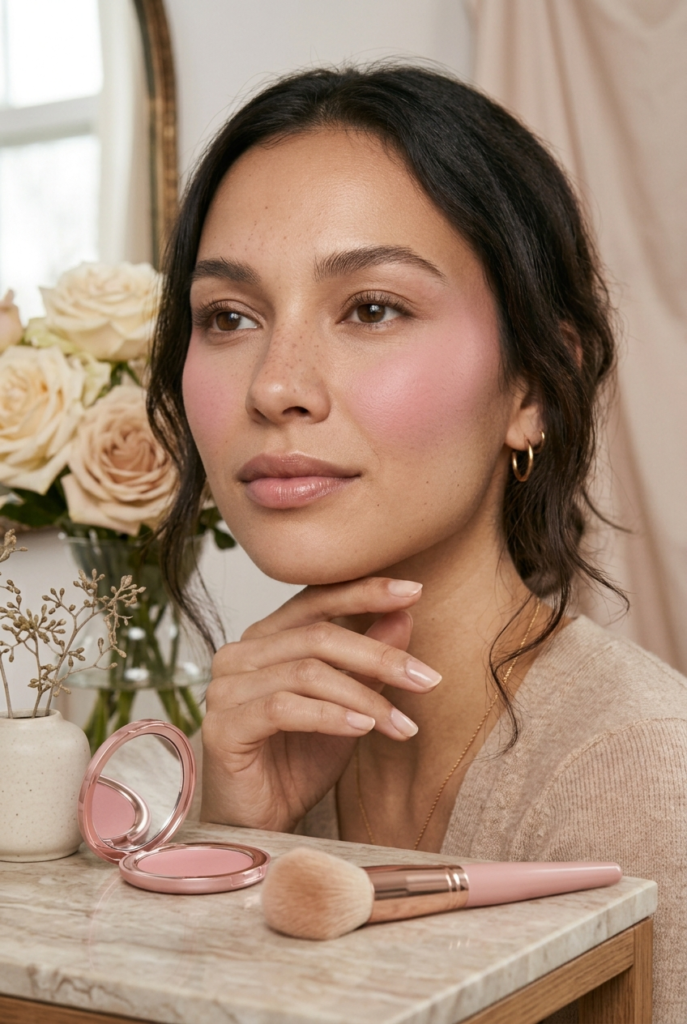 A woman with dark hair and pink blush on her cheeks sits at a marble table with an open pink blush compact and a makeup brush nearby.