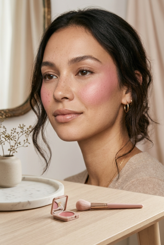 A woman with dark hair and pink blush sits at a wooden table with an open blush compact and a makeup brush nearby.