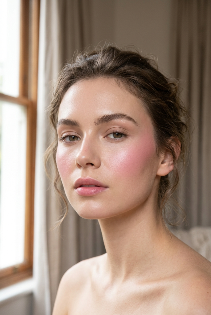 A woman with brown hair pulled back, showing a pink blush on her cheek, standing near a window with natural light.